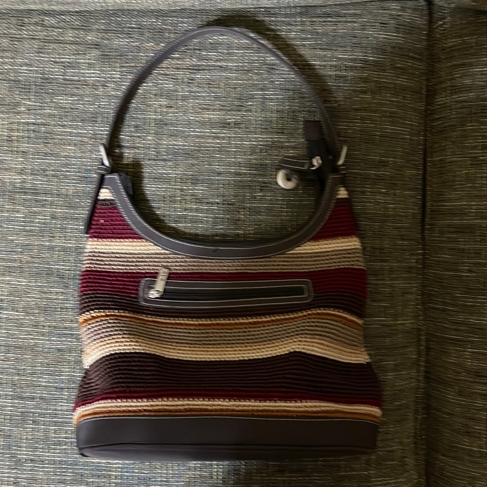 Sak handbag, multi color, brown bottom,strap and trim. Like new condition